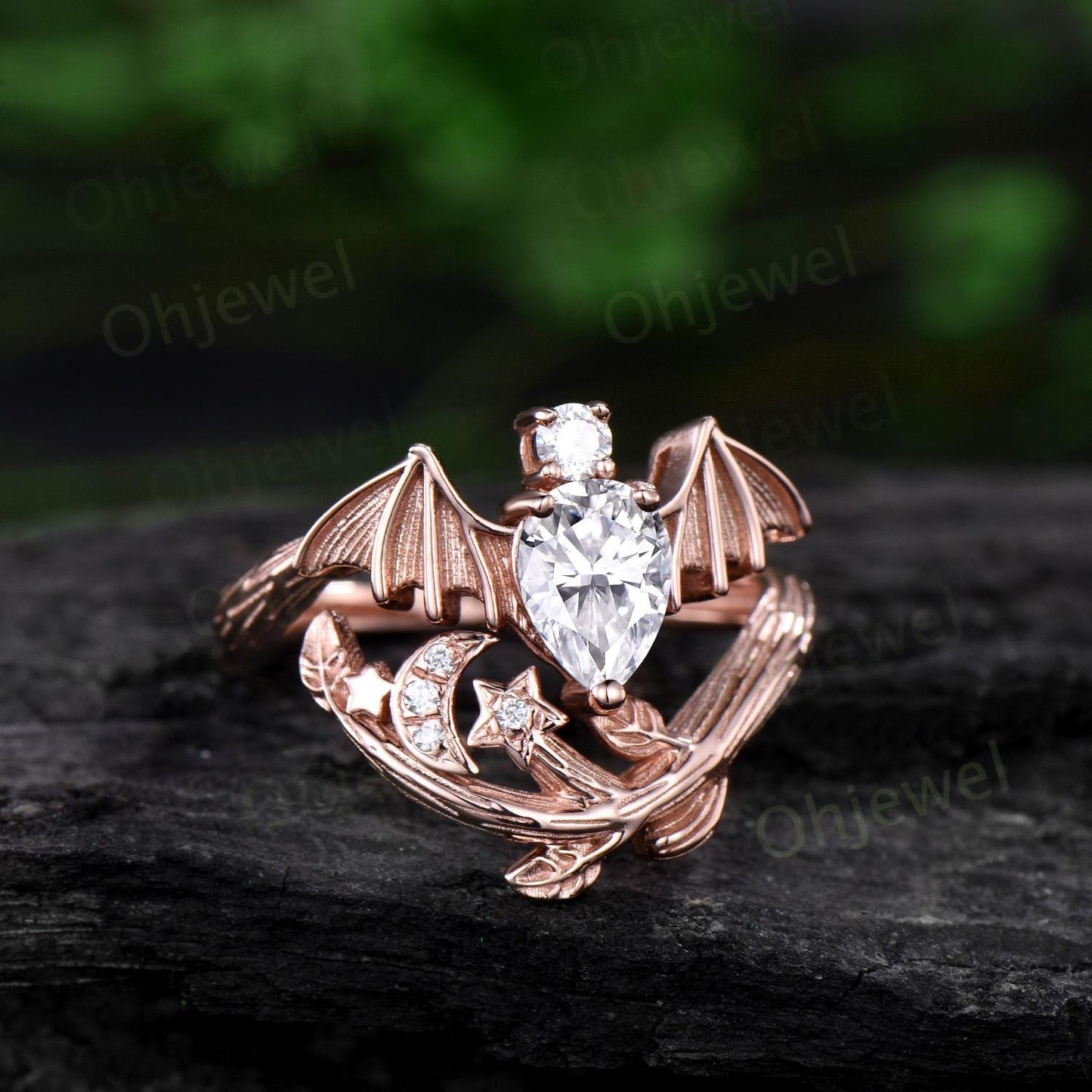 Pear shaped moissanite ring vintage rose gold moon bat engagement ring 14k rose gold retro leaf star diamond promise wedding ring women