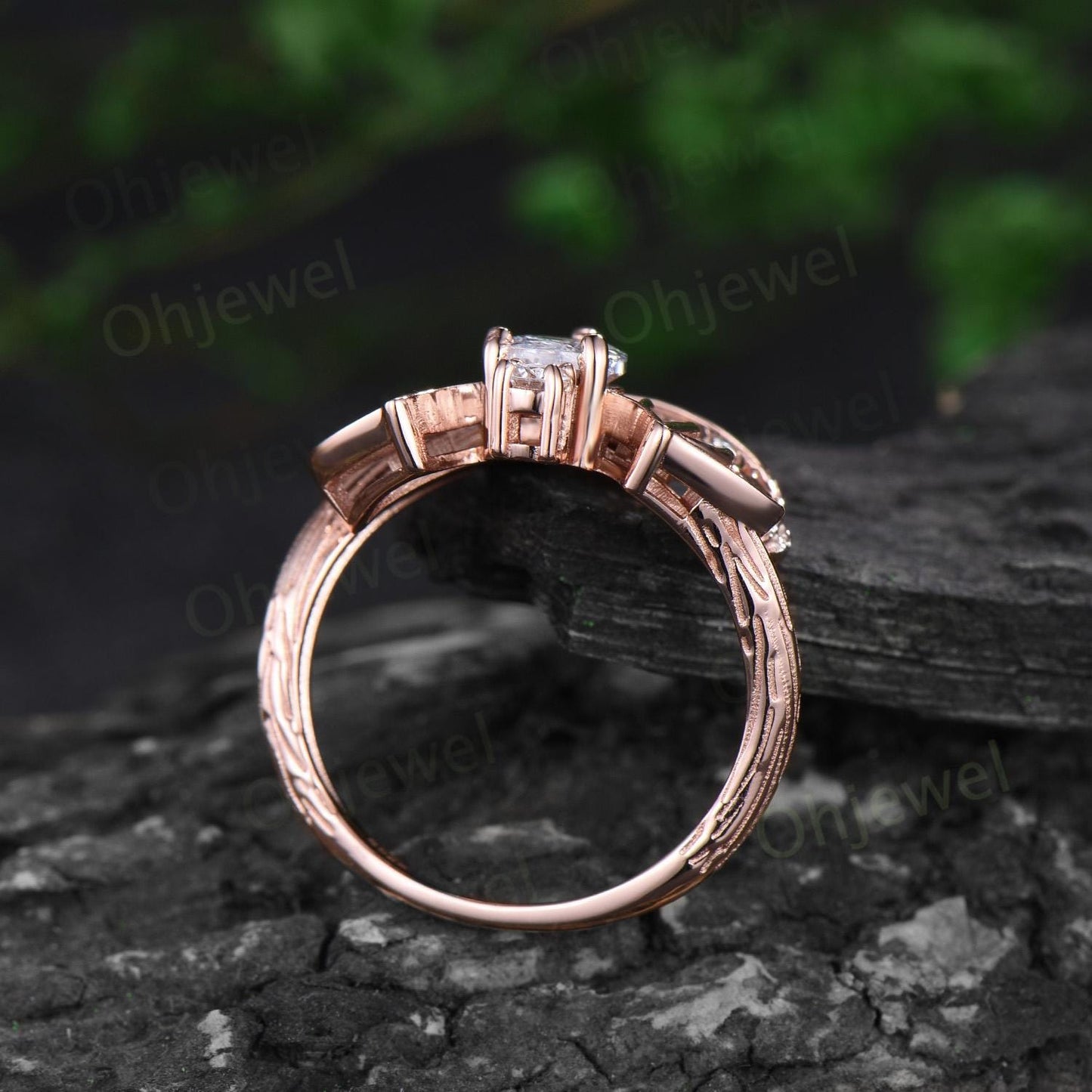 Pear shaped moissanite ring vintage rose gold moon bat engagement ring 14k rose gold retro leaf star diamond promise wedding ring women