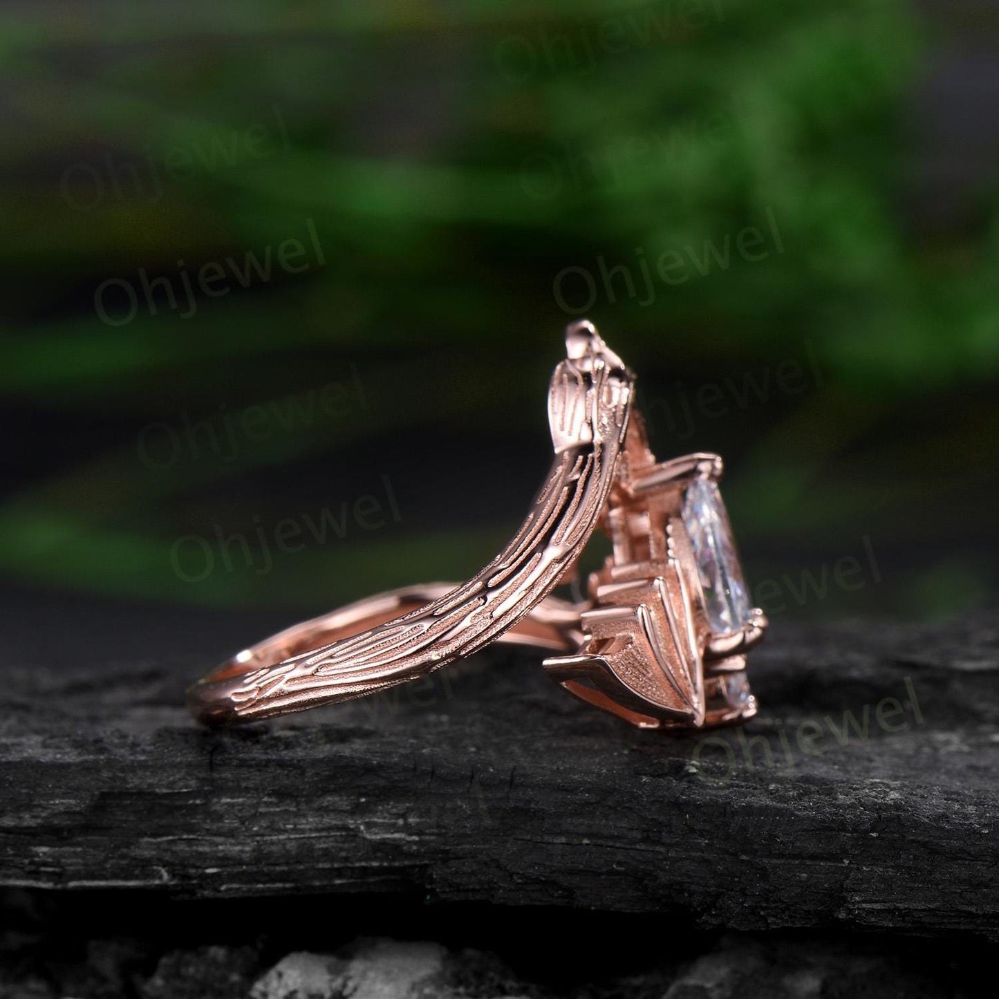 Pear shaped moissanite ring vintage rose gold moon bat engagement ring 14k rose gold retro leaf star diamond promise wedding ring women