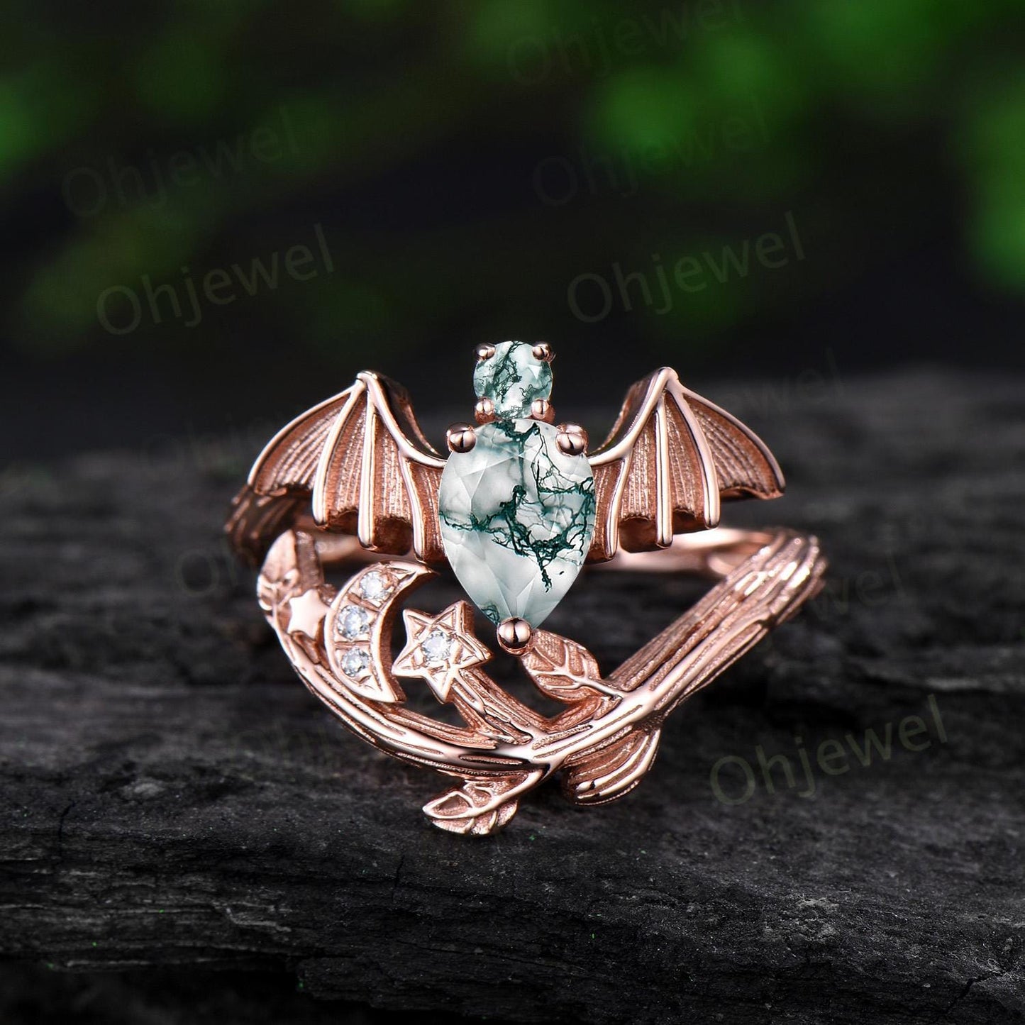 Pear cut moss agate ring vintage rose gold moon bat engagement ring 14k rose gold retro leaf star diamond wedding ring women jewelry