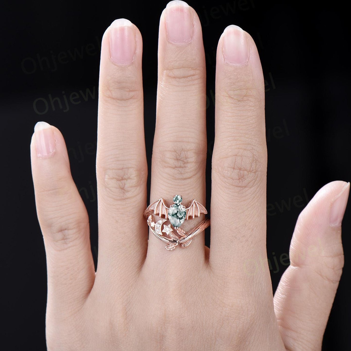 Pear cut moss agate ring vintage rose gold moon bat engagement ring 14k rose gold retro leaf star diamond wedding ring women jewelry