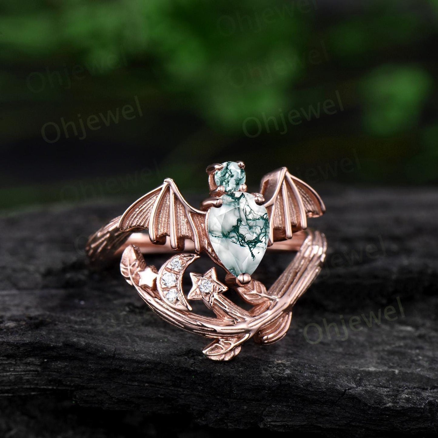 Pear cut moss agate ring vintage rose gold moon bat engagement ring 14k rose gold retro leaf star diamond wedding ring women jewelry