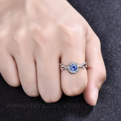 Round cut tanzanite ring vintage 14k white gold twig infinity halo leaf engagement ring women unique wedding bridal diamond ring jewelry