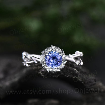 Round cut tanzanite ring vintage 14k white gold twig infinity halo leaf engagement ring women unique wedding bridal diamond ring jewelry