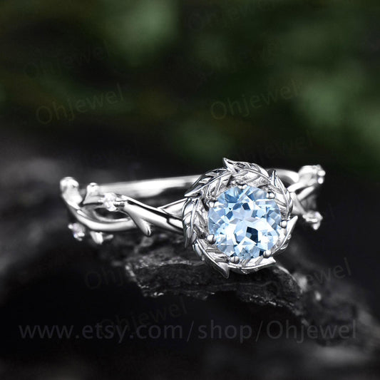 Round cut aquamarine ring vintage 14k white gold twig infinity halo leaf engagement ring women unique wedding bridal diamond ring jewelry