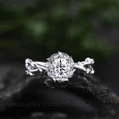 Round cut moissanite ring vintage 14k white gold twig infinity halo leaf engagement ring women unique wedding bridal diamond ring jewelry