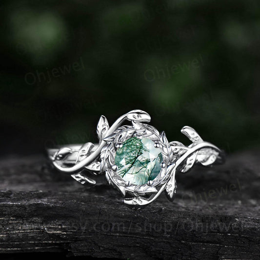 Round cut green moss agate engagement ring vintage 14k white gold twig leaf halo wedding ring women branch unique anniversary gift jewelry