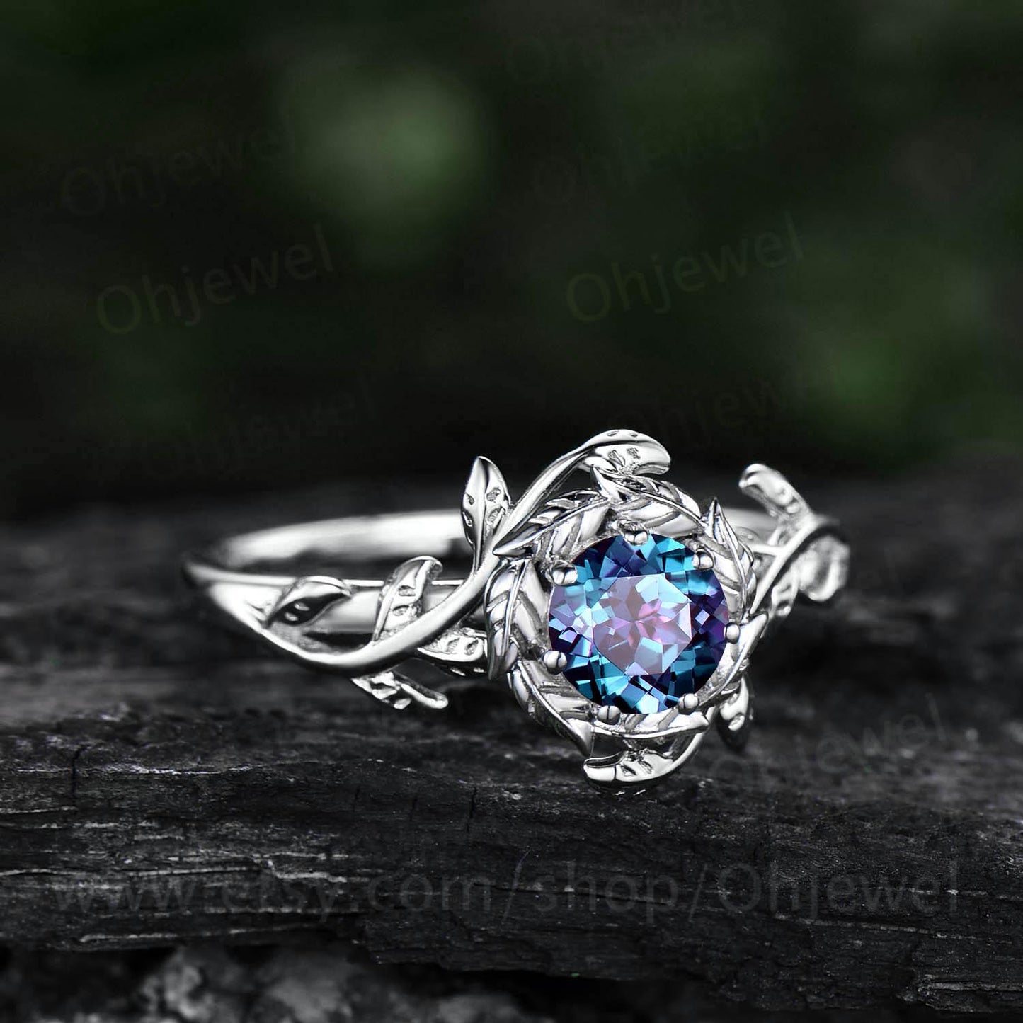 Round cut Alexandrite engagement ring vintage solitaire white gold twig leaf halo wedding ring women branch unique anniversary gift jewelry