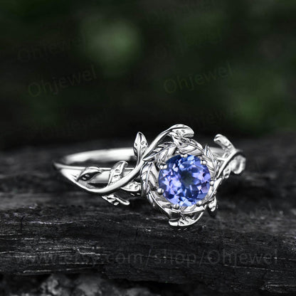 Round cut Tanzanite engagement ring vintage solitaire white gold twig leaf halo wedding ring women branch unique anniversary gift jewelry
