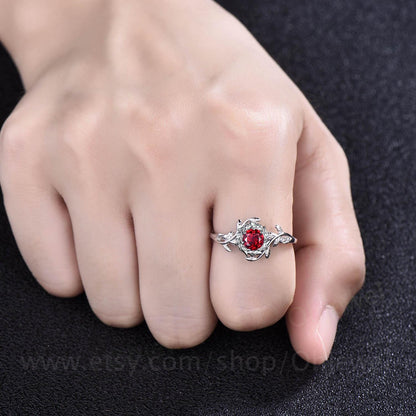 Round cut red ruby engagement ring vintage solitaire white gold twig leaf halo wedding ring women branch unique anniversary gift jewelry