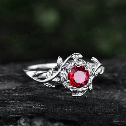Round cut red ruby engagement ring vintage solitaire white gold twig leaf halo wedding ring women branch unique anniversary gift jewelry