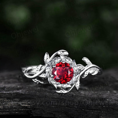 Round cut red ruby engagement ring vintage solitaire white gold twig leaf halo wedding ring women branch unique anniversary gift jewelry