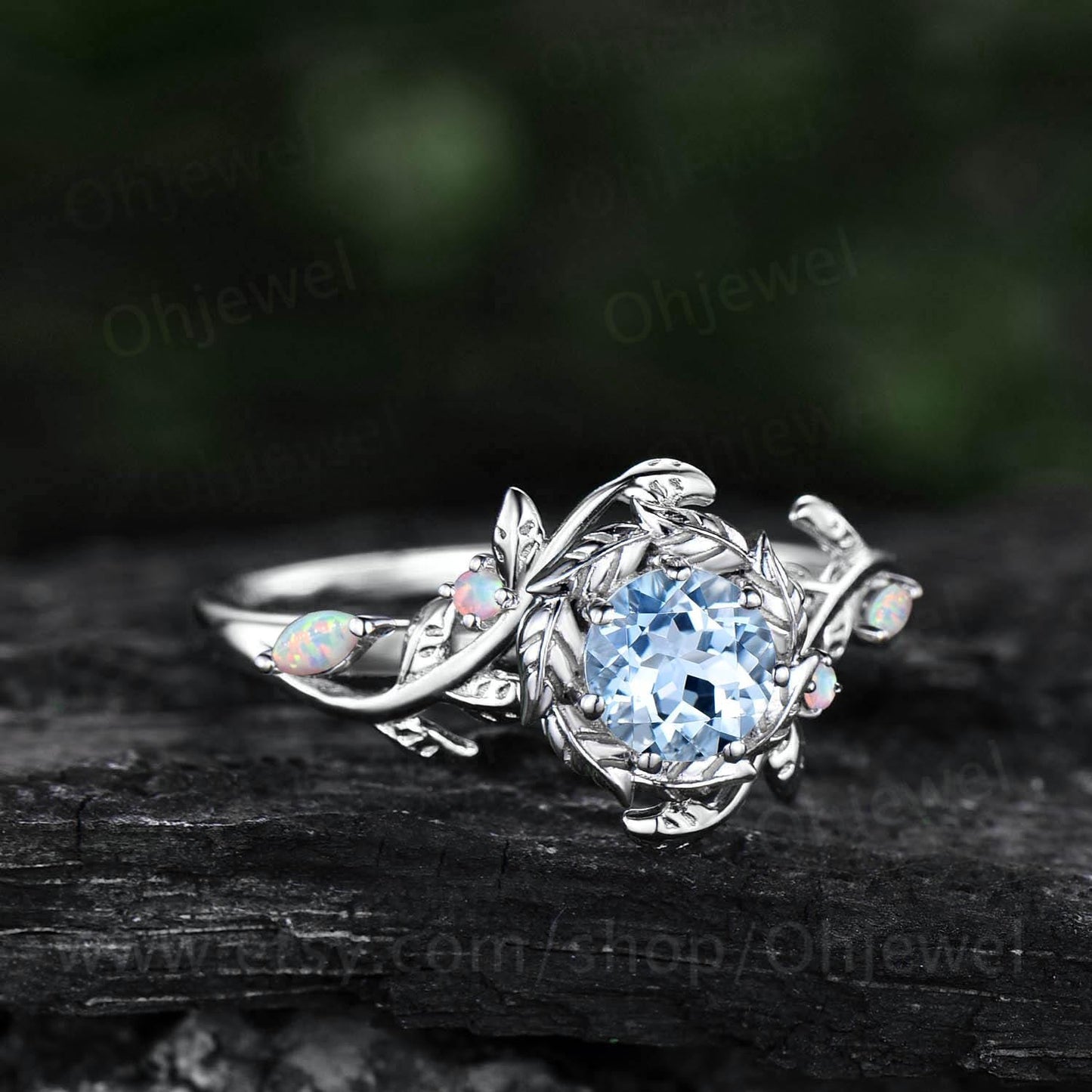 Vintage round cut Aquamarine engagement ring halo leaf white gold opal ring women twig branch promise wedding ring jewelry gift for her