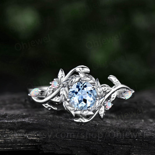 Vintage round cut Aquamarine engagement ring halo leaf white gold opal ring women twig branch promise wedding ring jewelry gift for her