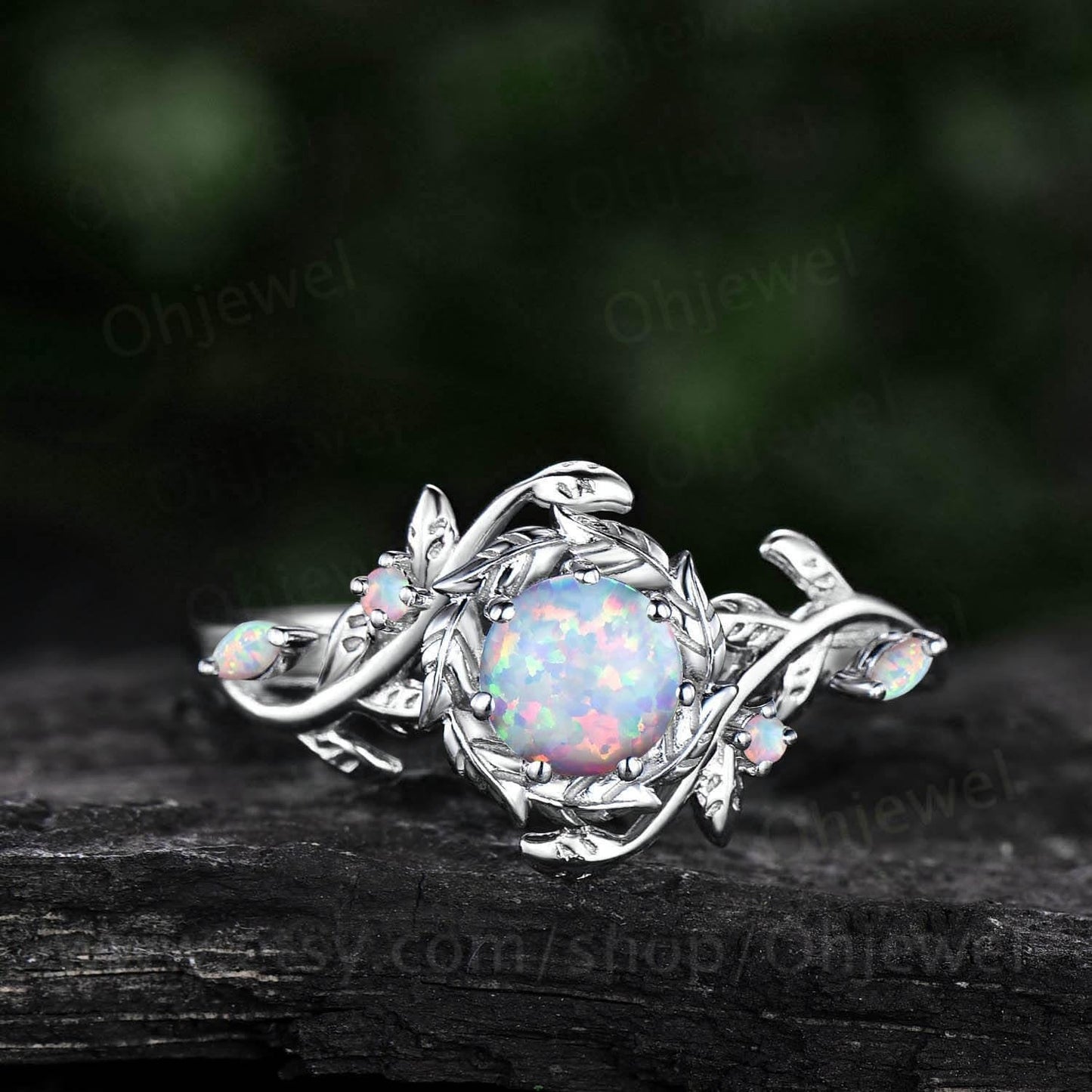 Vintage round opal engagement ring halo leaf white gold opal ring women twig branch promise wedding ring jewelry gift for her