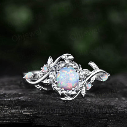 Vintage round opal engagement ring halo leaf white gold opal ring women twig branch promise wedding ring jewelry gift for her