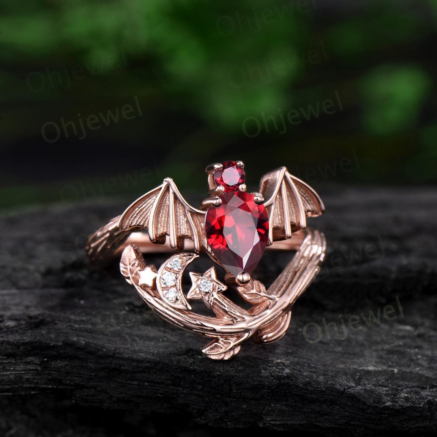 Pear cut ruby ring vintage rose gold moon bat engagement ring 14k rose gold retro leaf star diamond wedding ring women jewelry