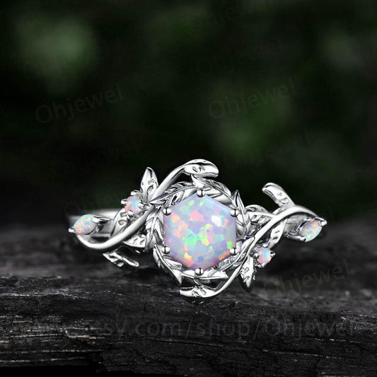 Vintage hexagon opal engagement ring halo leaf white gold opal ring women twig branch promise wedding ring jewelry gift for her