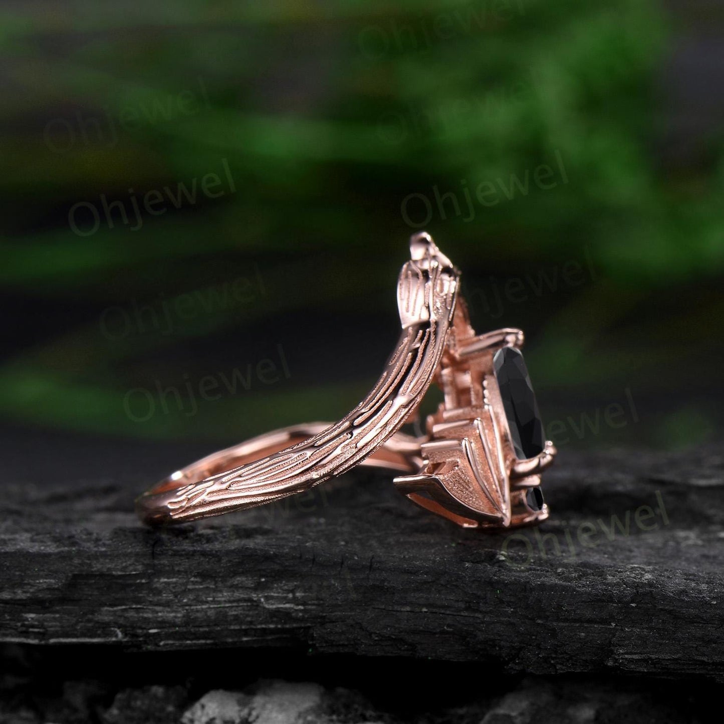 Pear shaped black onyx ring vintage rose gold moon bat engagement ring 14k rose gold retro leaf star diamond wedding ring women jewelry