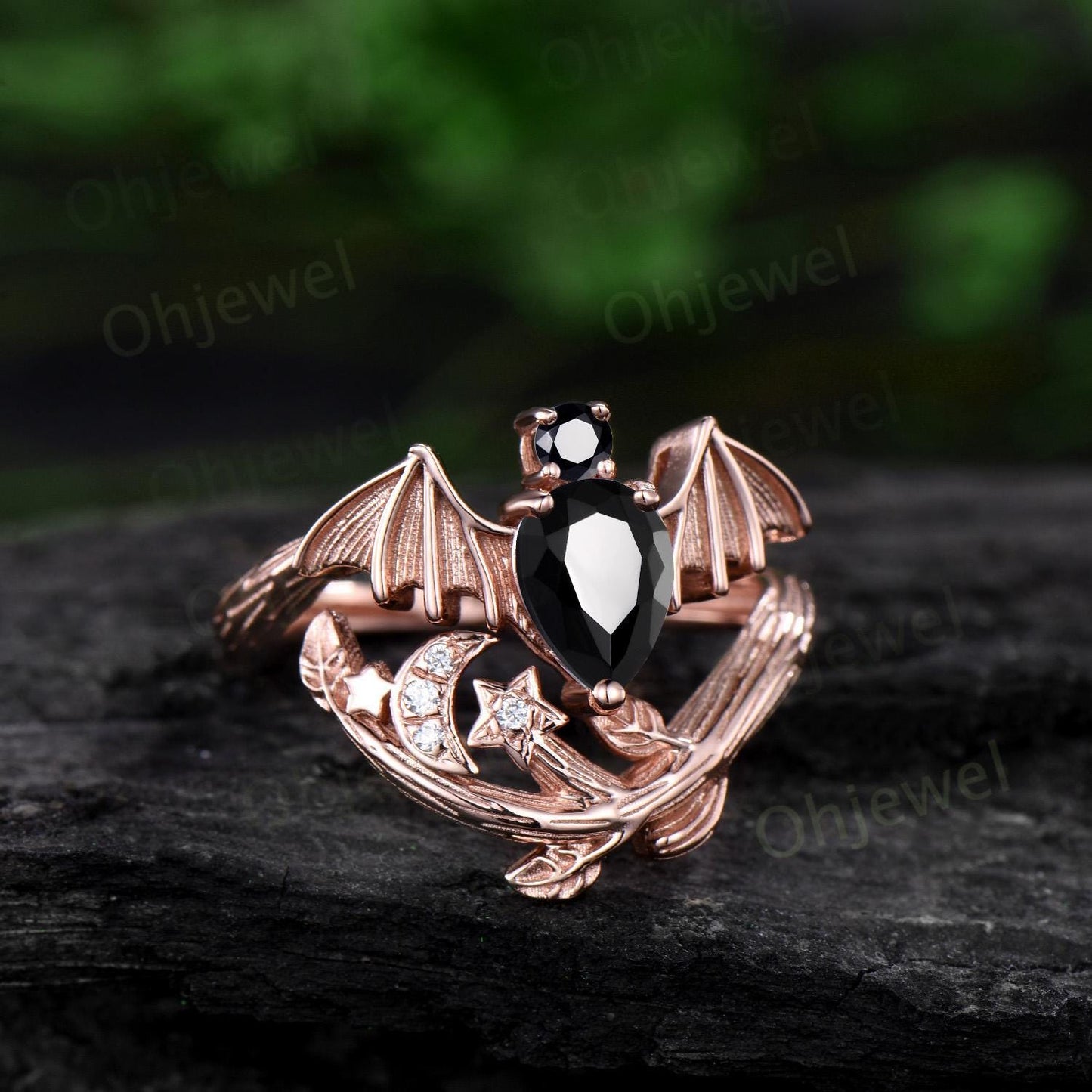 Pear shaped black onyx ring vintage rose gold moon bat engagement ring 14k rose gold retro leaf star diamond wedding ring women jewelry