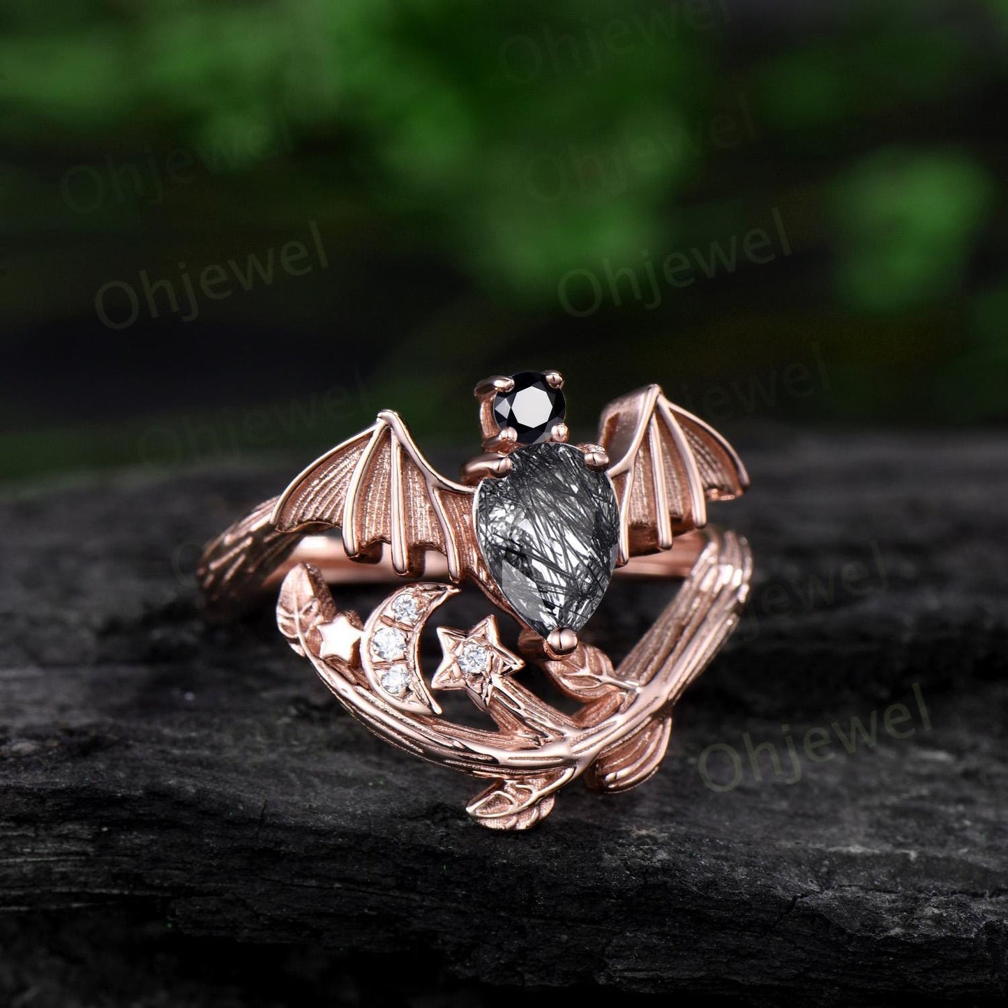 Pear black rutilated quartz ring vintage rose gold moon bat engagement ring 14k rose gold retro leaf star diamond wedding ring women jewelry