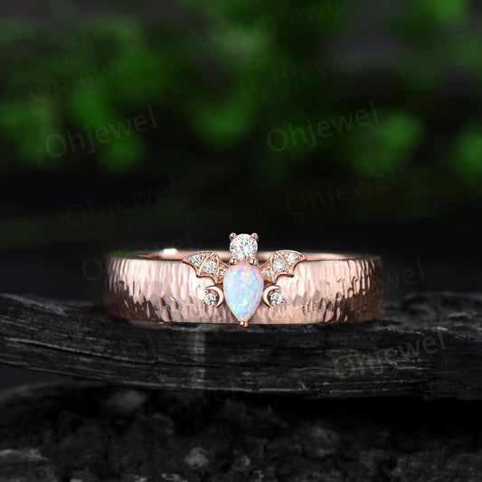 Pear opal mens wedding band vintage hammered bat moon diamond mens wedding ring stacking solid 14k rose gold anniversary gift for husband