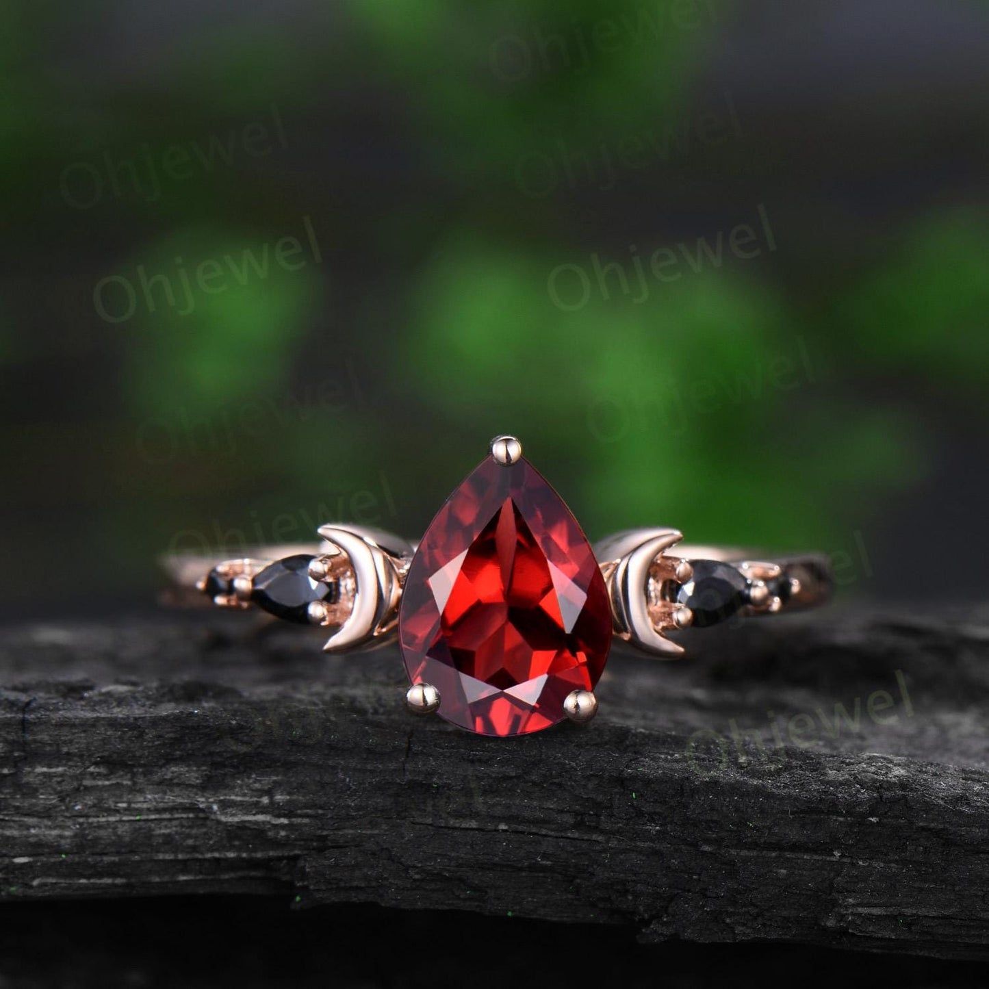 Pear shaped red garnet engagement ring set 14k rose gold marquise black spinel moon five stone stacking wedding ring set women gemstone