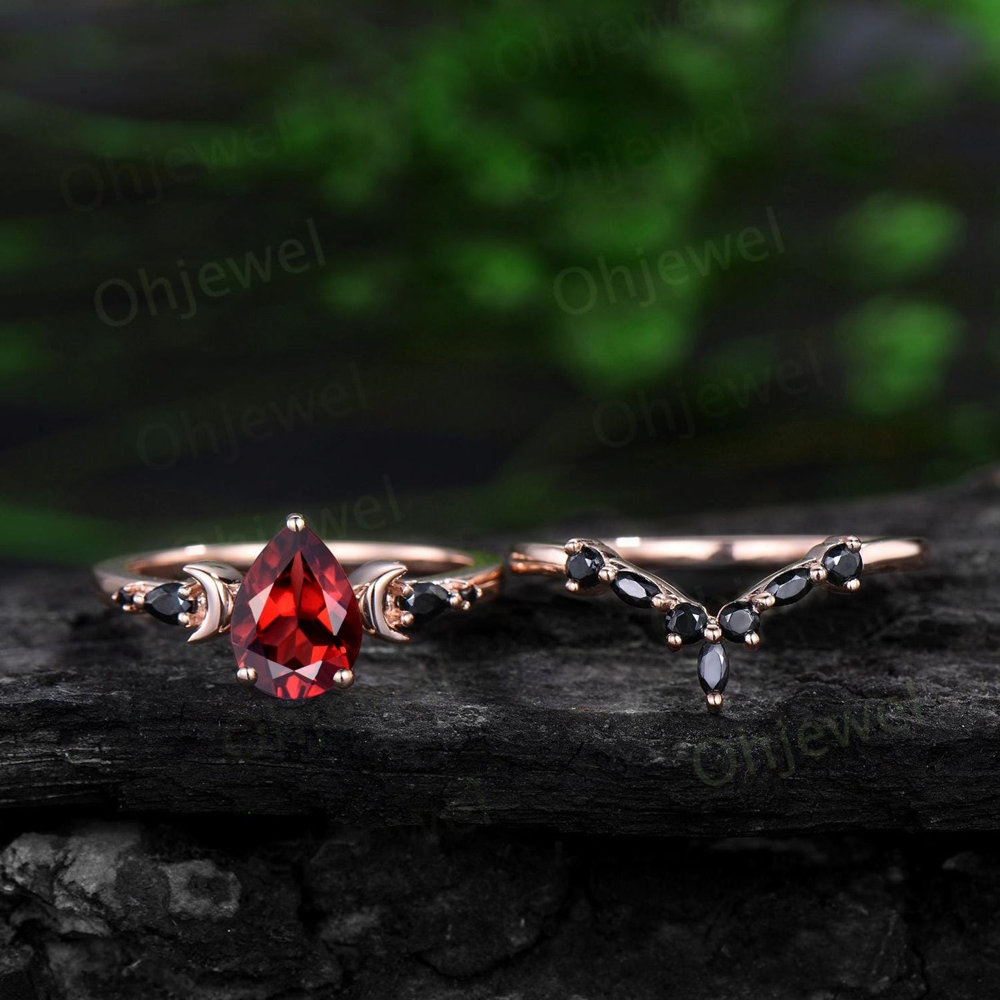 Pear shaped red garnet engagement ring set 14k rose gold marquise black spinel moon five stone stacking wedding ring set women gemstone