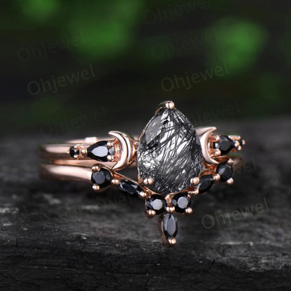 Pear black rutilated quartz engagement ring set 14k rose gold marquise black spinel moon five stone stacking wedding ring set women gemstone
