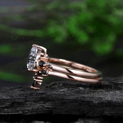 Pear black rutilated quartz engagement ring set 14k rose gold marquise black spinel moon five stone stacking wedding ring set women gemstone