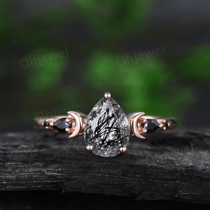 Pear black rutilated quartz engagement ring set 14k rose gold marquise black spinel moon five stone stacking wedding ring set women gemstone