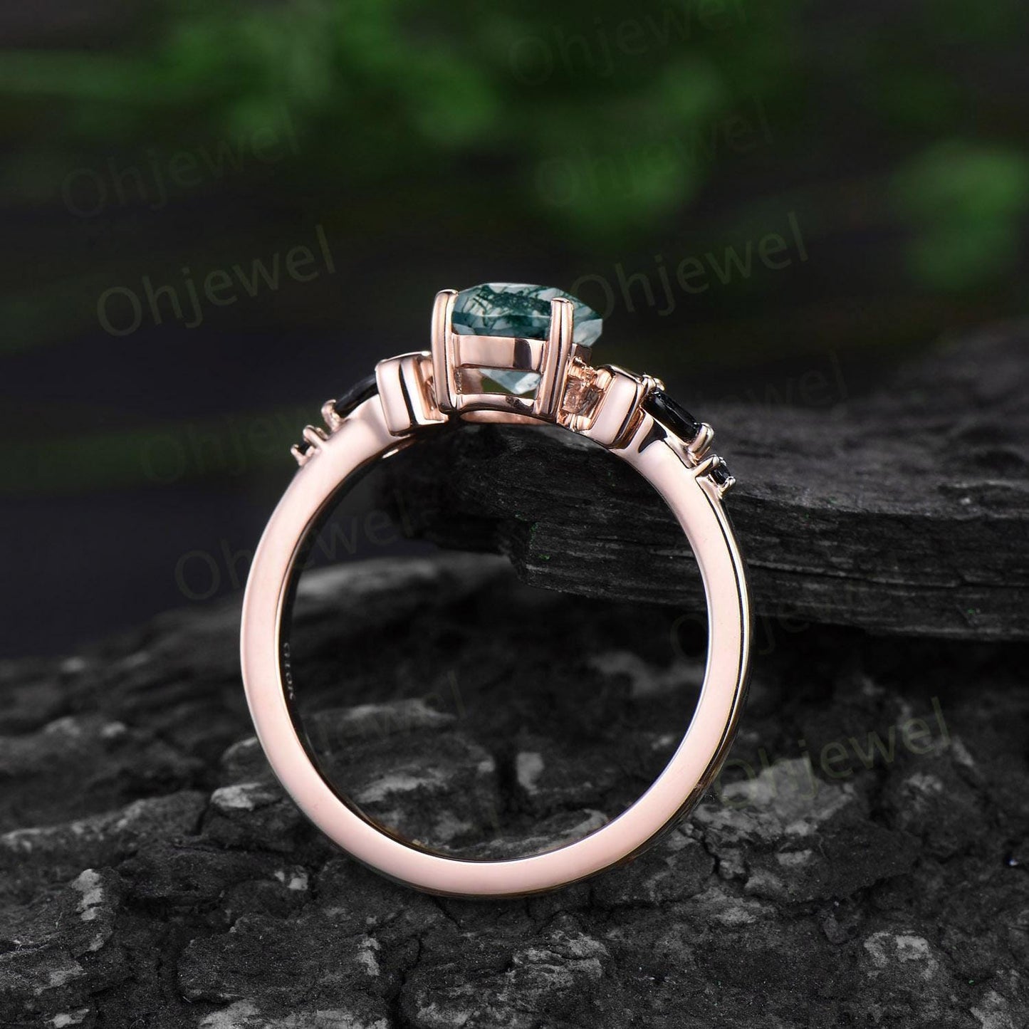 Pear cut moss agate moon engagement ring dainty marquise black spinel ring solid 14k rose gold unique promise bridal ring set women jewelry