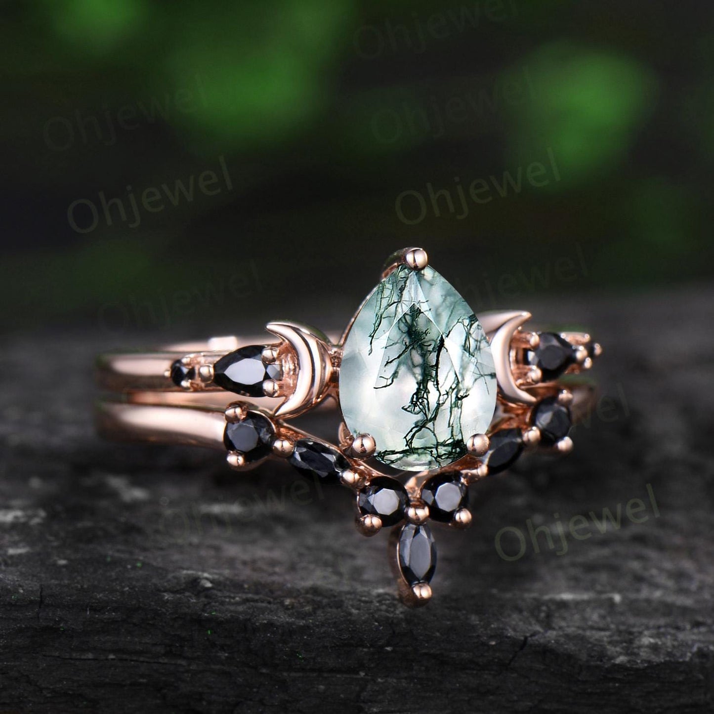 Pear cut moss agate moon engagement ring dainty marquise black spinel ring solid 14k rose gold unique promise bridal ring set women jewelry