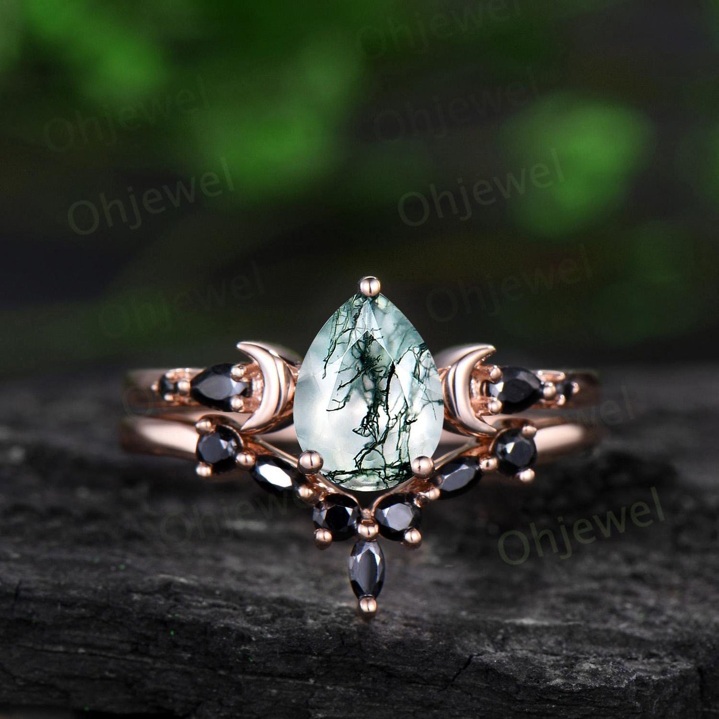 Pear cut moss agate moon engagement ring dainty marquise black spinel ring solid 14k rose gold unique promise bridal ring set women jewelry