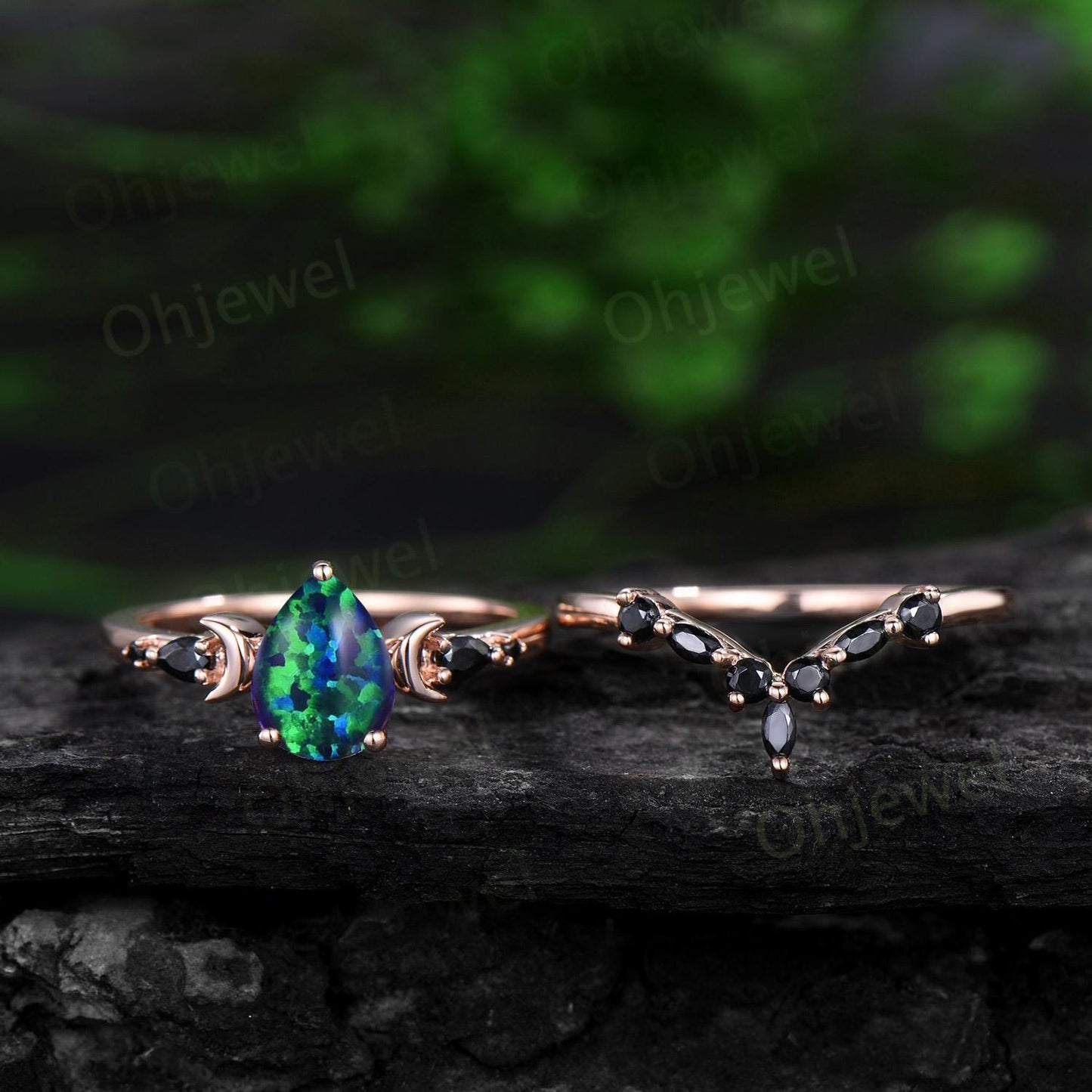 Pear black opal moon engagement ring women antique marquise black spinel ring rose gold unique anniversary gift 925 sterling silver