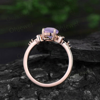 Oval cut Lavender Amethyst moon engagement ring vintage marquise black spinel 14k rose gold unique anniversary gift 925 sterling silver