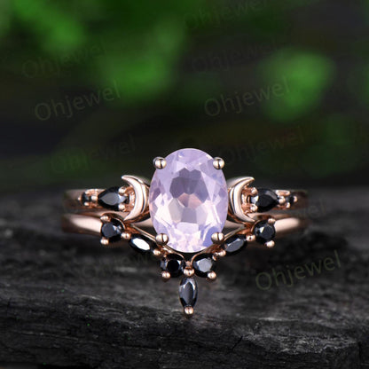 Oval cut Lavender Amethyst moon engagement ring vintage marquise black spinel 14k rose gold unique anniversary gift 925 sterling silver