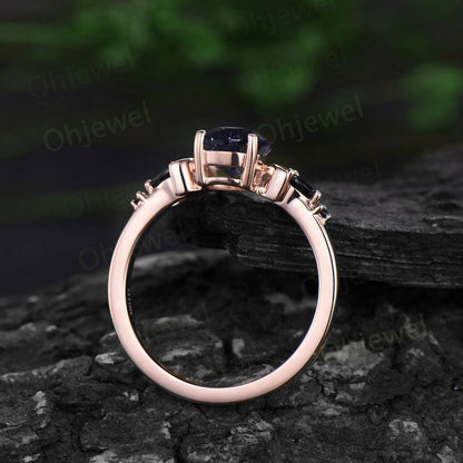 Oval cut blue sandstone ring vintage rose gold blue goldstone moon engagement ring set marquise black spinel anniversary gift