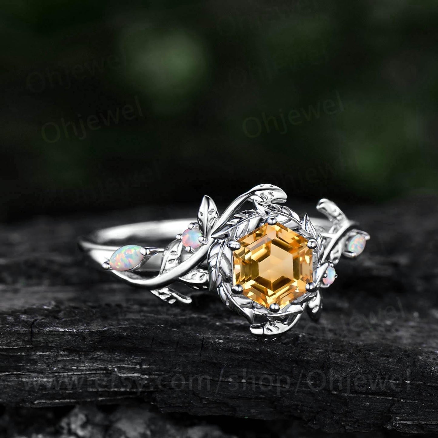 Hexagon cut yellow citrine engagement ring halo leaf 14k white gold opal ring women twig branch anniversary gift crystal ring jewelry gift