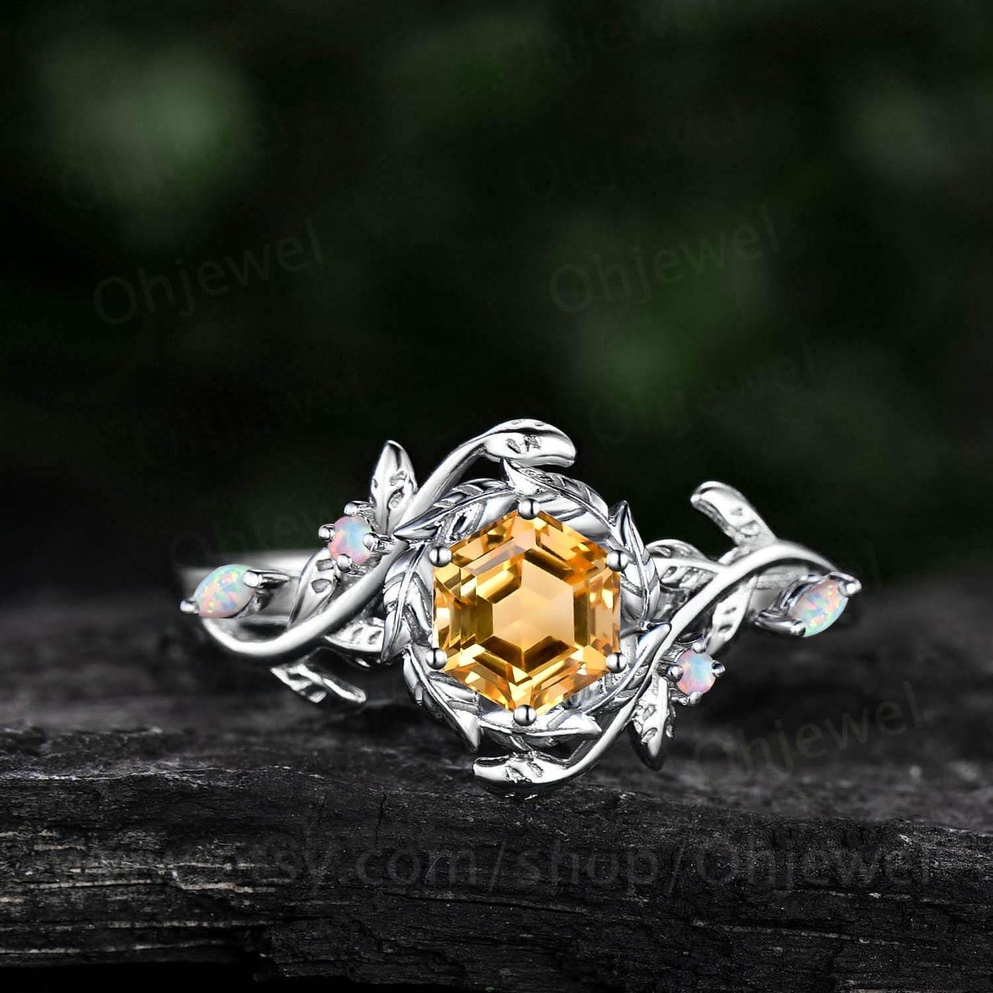 Hexagon cut yellow citrine engagement ring halo leaf 14k white gold opal ring women twig branch anniversary gift crystal ring jewelry gift