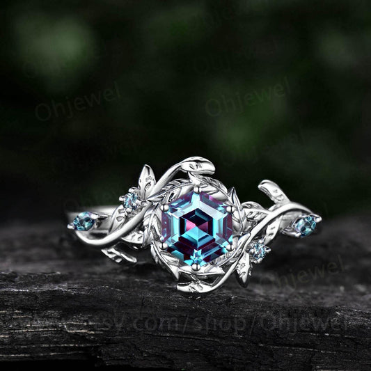 Hexagon cut alexandrite ring vintage halo leaf nature inspired engagement ring women solid 14k white gold color change gemstone jewelry gift