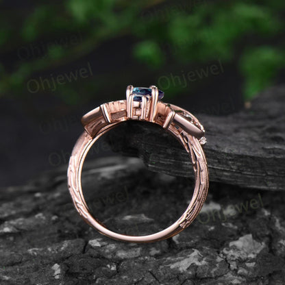 Pear shaped Alexandrite ring vintage rose gold moon bat engagement ring 14k rose gold retro leaf star diamond wedding ring women jewelry