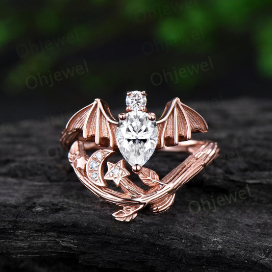 Pear shaped moissanite ring vintage rose gold moon bat engagement ring 14k rose gold retro leaf star diamond promise wedding ring women