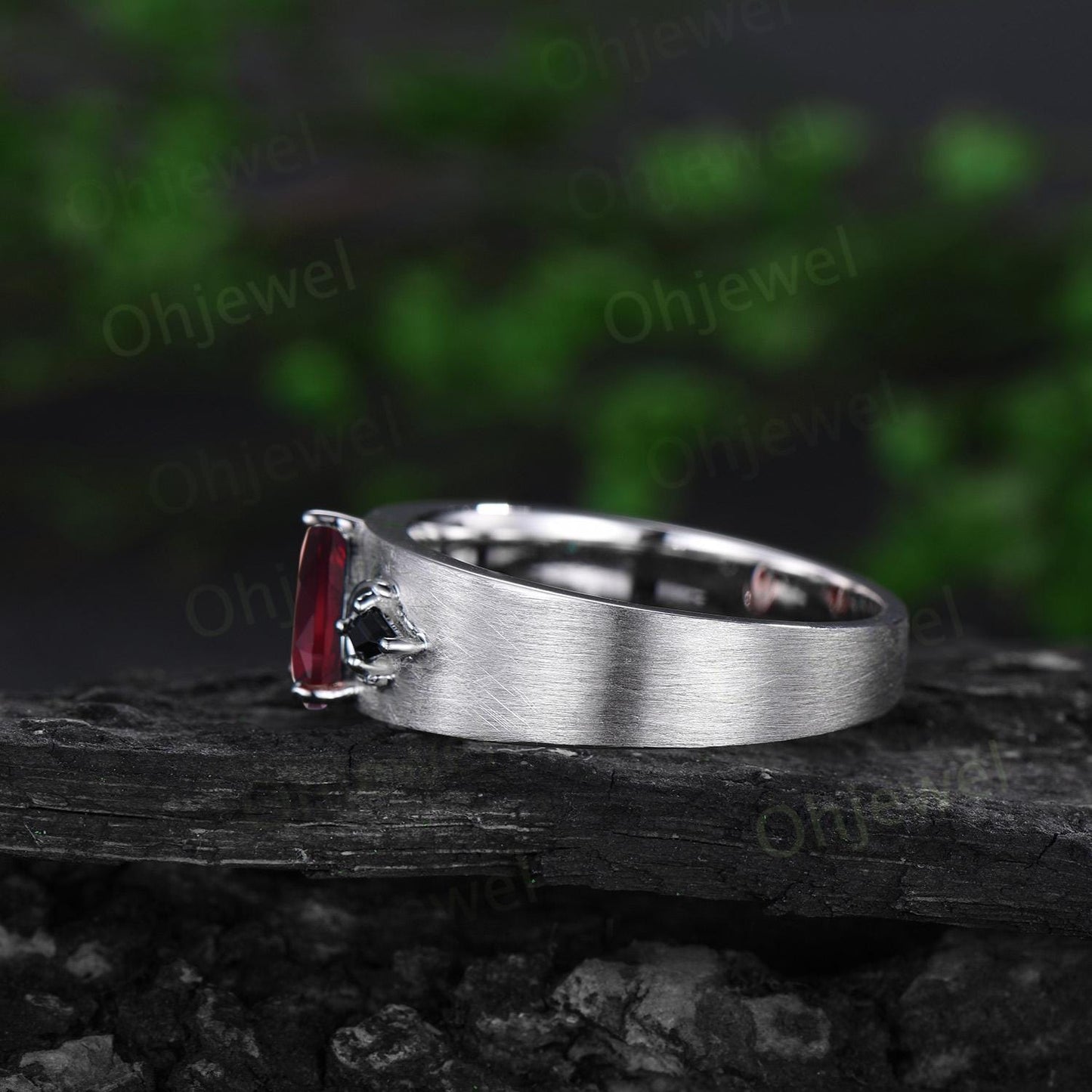 Pear garnet mens wedding band three stone moon kite black spinel mens wedding ring solid 14k white gold anniversary gift for husband