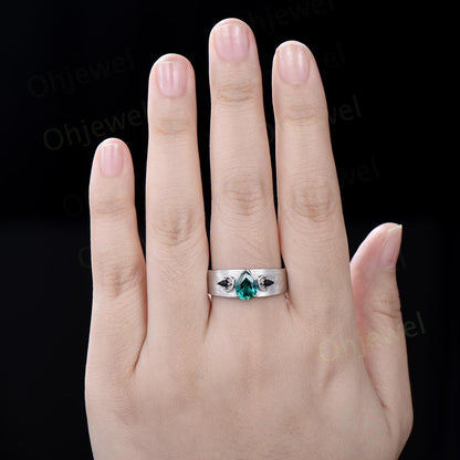 Pear emerald mens wedding band three stone moon kite black spinel mens wedding ring solid 14k white gold anniversary gift for husband