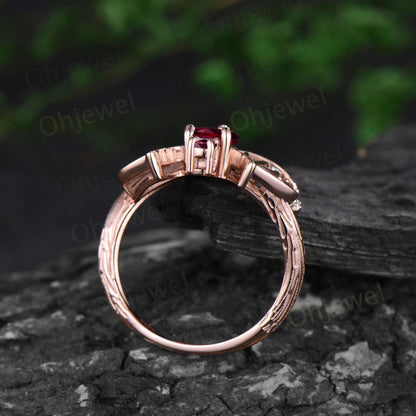 Pear cut ruby ring vintage rose gold moon bat engagement ring 14k rose gold retro leaf star diamond wedding ring women jewelry