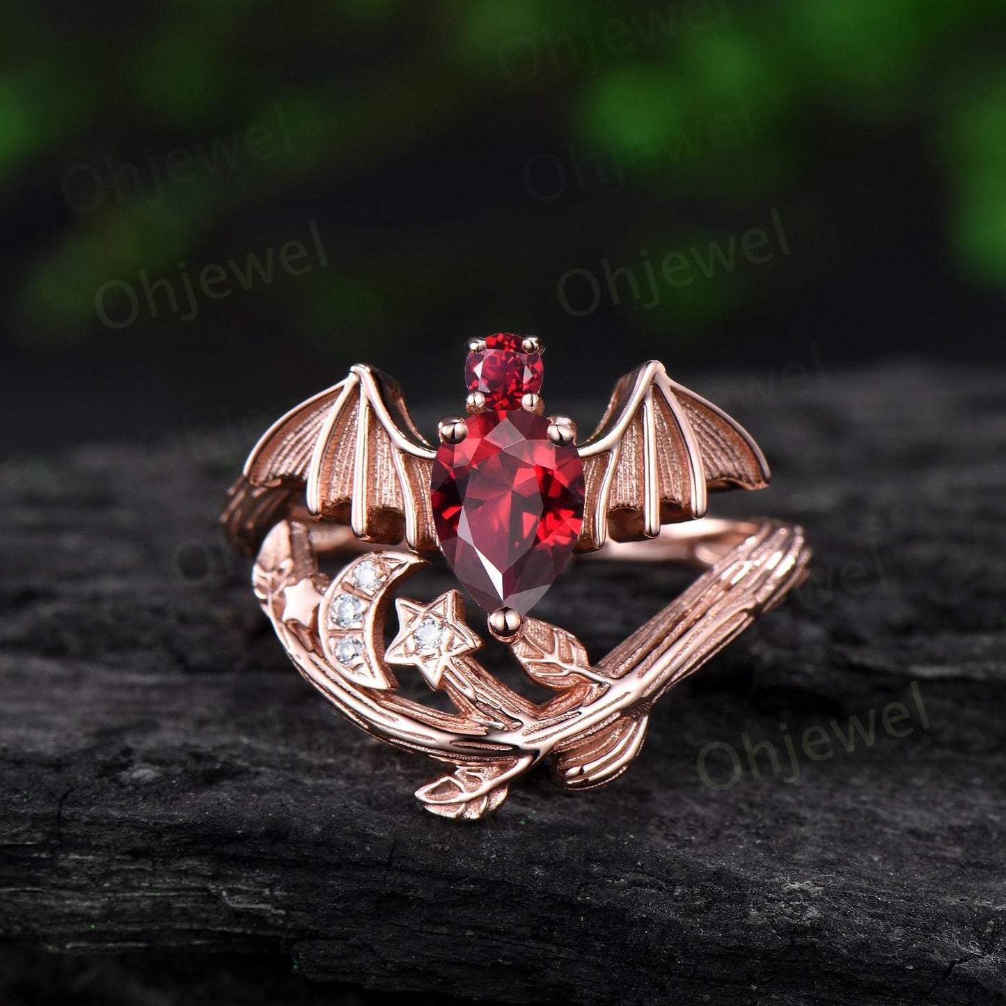 Pear cut ruby ring vintage rose gold moon bat engagement ring 14k rose gold retro leaf star diamond wedding ring women jewelry