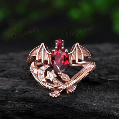 Pear cut ruby ring vintage rose gold moon bat engagement ring 14k rose gold retro leaf star diamond wedding ring women jewelry