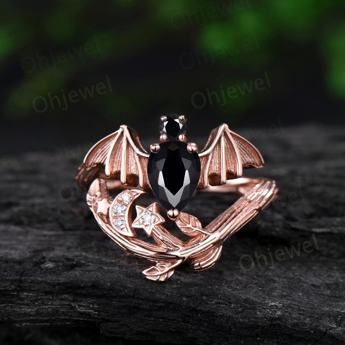 Pear shaped black onyx ring vintage rose gold moon bat engagement ring 14k rose gold retro leaf star diamond wedding ring women jewelry