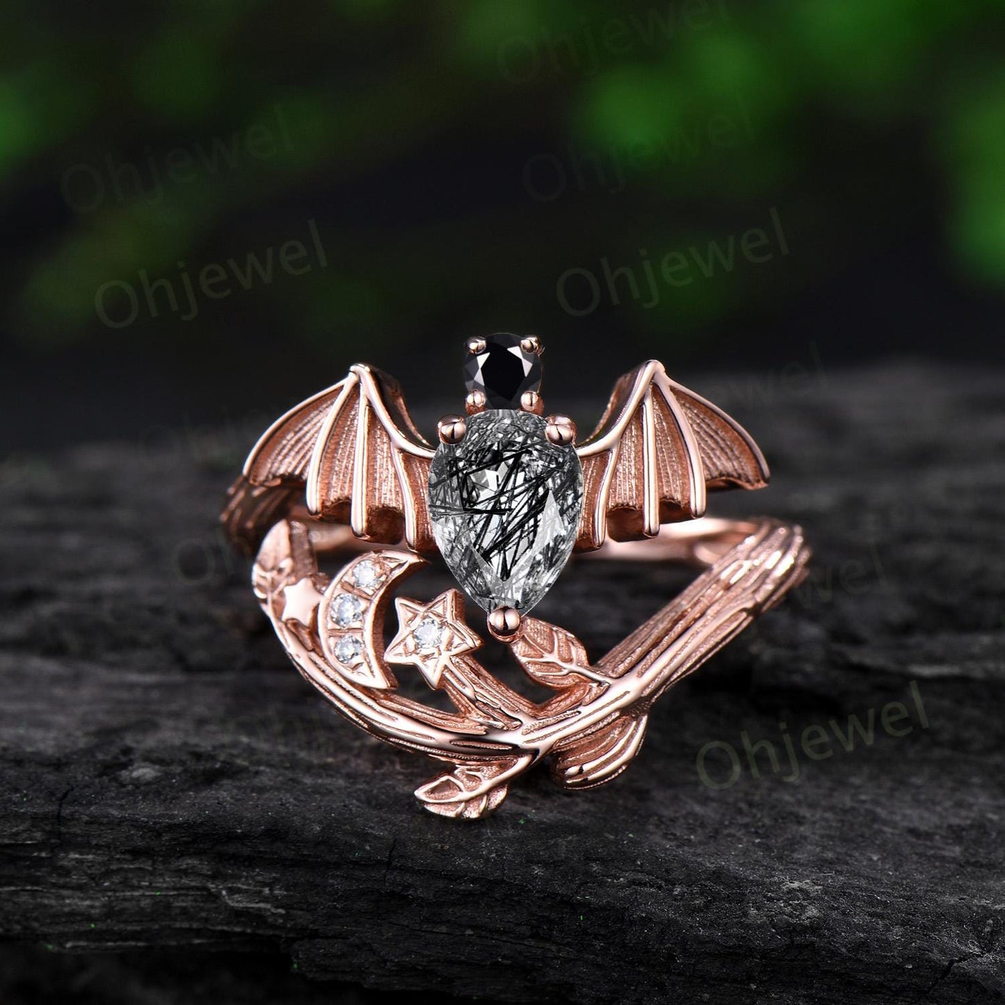 Pear black rutilated quartz ring vintage rose gold moon bat engagement ring 14k rose gold retro leaf star diamond wedding ring women jewelry